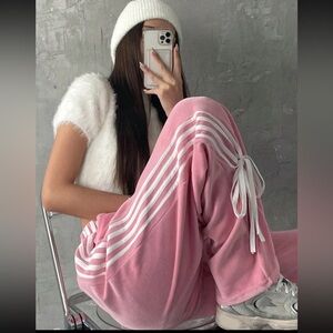 Pink Ribbon Wide Leg Track Pants Womens Size L Side Stripe Bow Tie Y2K Athletic